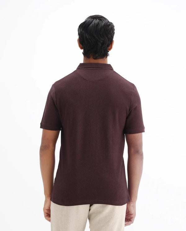 Rare Rabbit Men's Turino Brown Cotton Fabric Collared Neck Half Sleeves Textured Polo T-Shirt
