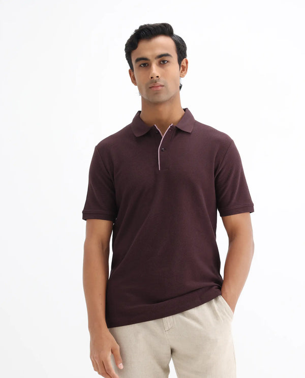 Rare Rabbit Men's Turino Brown Cotton Fabric Collared Neck Half Sleeves Textured Polo T-Shirt