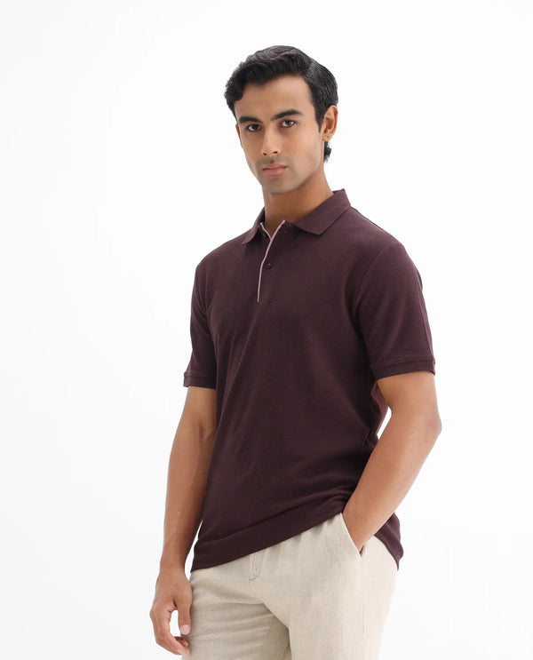 Rare Rabbit Men's Turino Brown Cotton Fabric Collared Neck Half Sleeves Textured Polo T-Shirt