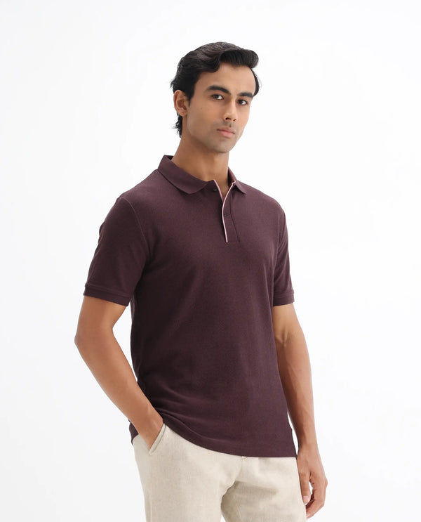 Rare Rabbit Men's Turino Brown Cotton Fabric Collared Neck Half Sleeves Textured Polo T-Shirt