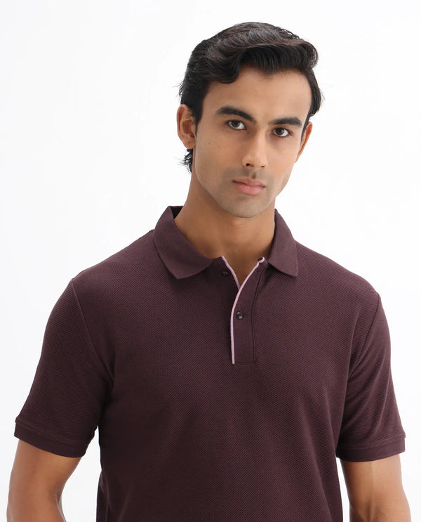 Rare Rabbit Men's Turino Brown Cotton Fabric Collared Neck Half Sleeves Textured Polo T-Shirt