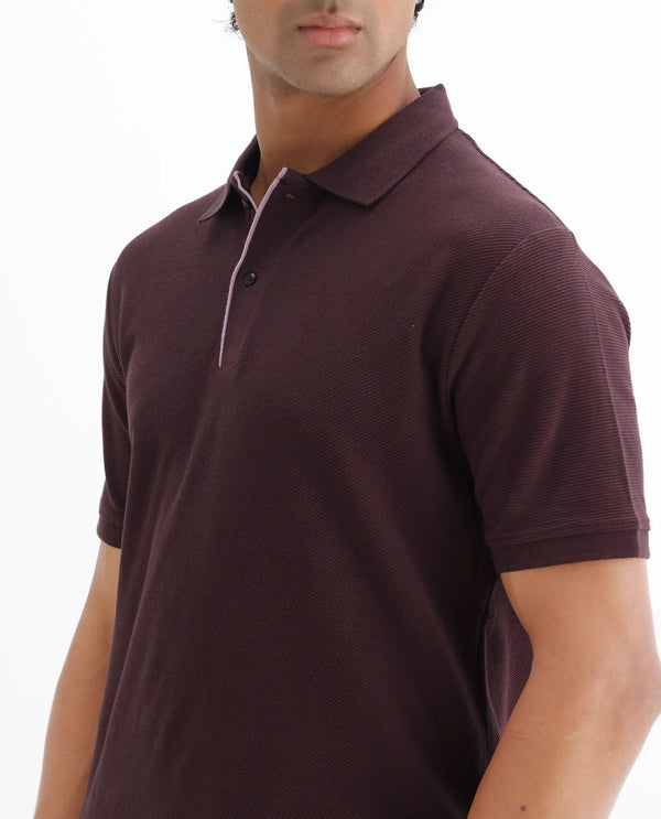 Rare Rabbit Men's Turino Brown Cotton Fabric Collared Neck Half Sleeves Textured Polo T-Shirt