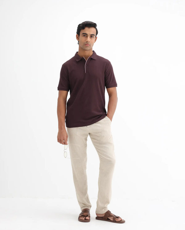 Rare Rabbit Men's Turino Brown Cotton Fabric Collared Neck Half Sleeves Textured Polo T-Shirt