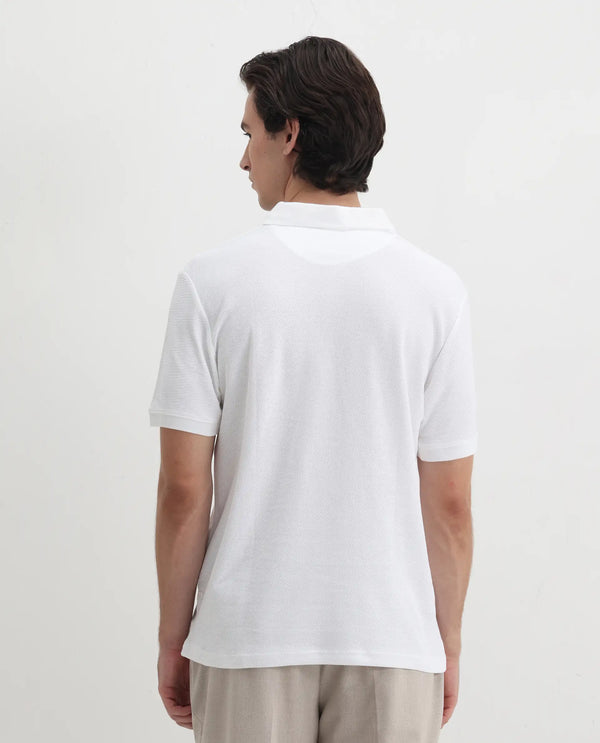 Rare Rabbit Men's Turino White Cotton Fabric Collared Neck Half Sleeves Textured Polo T-Shirt