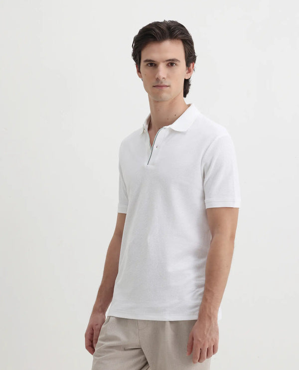 Rare Rabbit Men's Turino White Cotton Fabric Collared Neck Half Sleeves Textured Polo T-Shirt