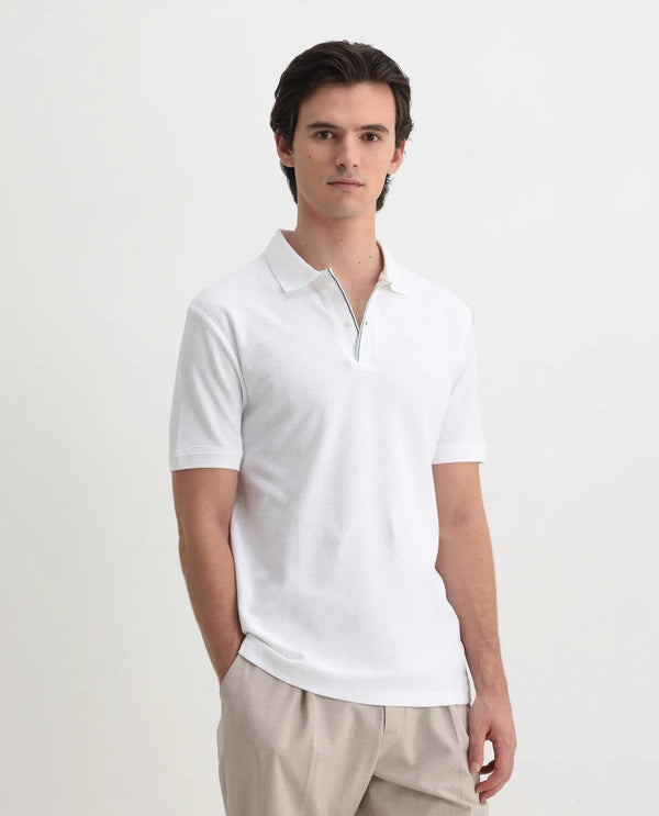 Rare Rabbit Men's Turino White Cotton Fabric Collared Neck Half Sleeves Textured Polo T-Shirt