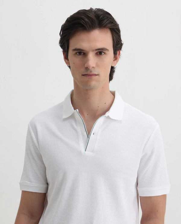 Rare Rabbit Men's Turino White Cotton Fabric Collared Neck Half Sleeves Textured Polo T-Shirt