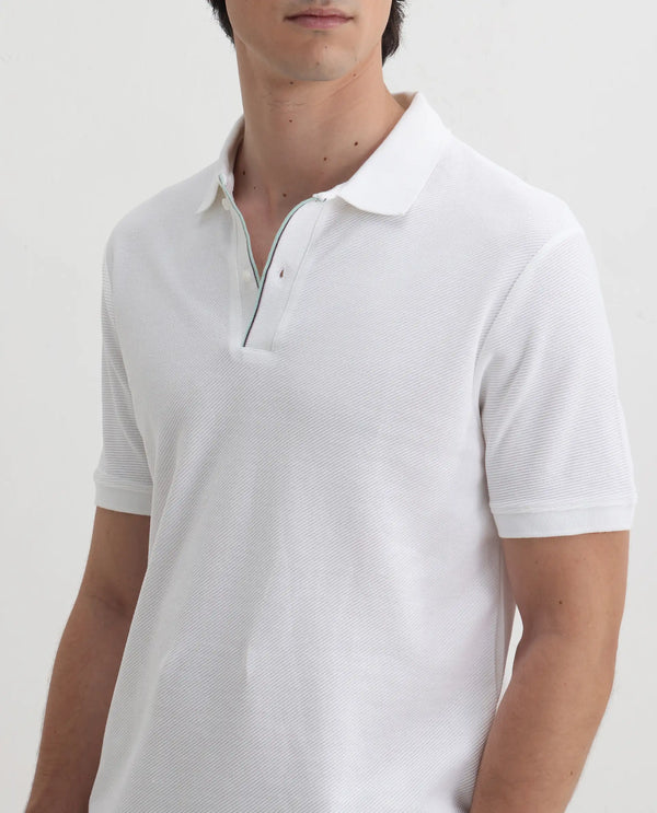 Rare Rabbit Men's Turino White Cotton Fabric Collared Neck Half Sleeves Textured Polo T-Shirt