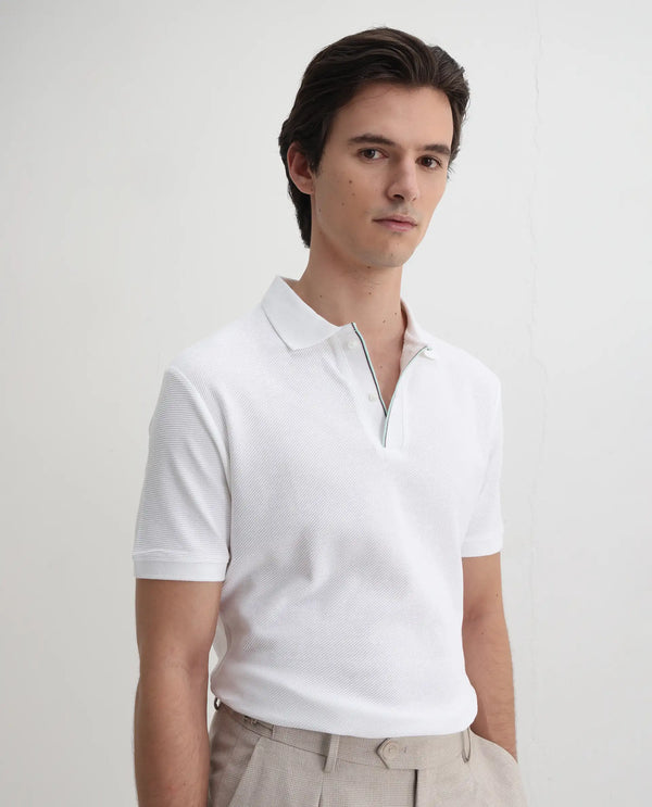 Rare Rabbit Men's Turino White Cotton Fabric Collared Neck Half Sleeves Textured Polo T-Shirt