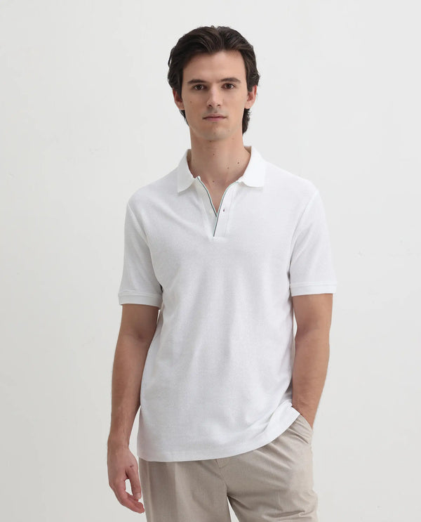 Rare Rabbit Men's Turino White Cotton Fabric Collared Neck Half Sleeves Textured Polo T-Shirt