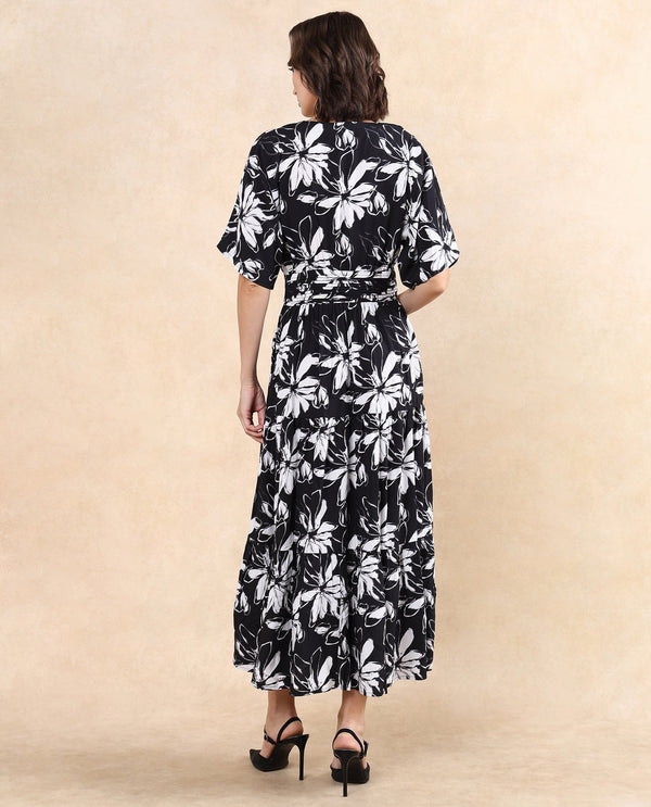 Rareism Women Tuzio Black Extended Sleeves V-Neck Zipper Closure Fit And Flare Floral Print Maxi Dress