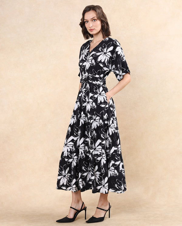 Rareism Women Tuzio Black Extended Sleeves V-Neck Zipper Closure Fit And Flare Floral Print Maxi Dress