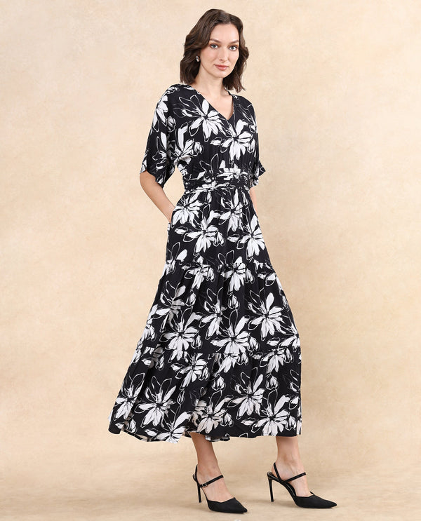 Rareism Women Tuzio Black Extended Sleeves V-Neck Zipper Closure Fit And Flare Floral Print Maxi Dress
