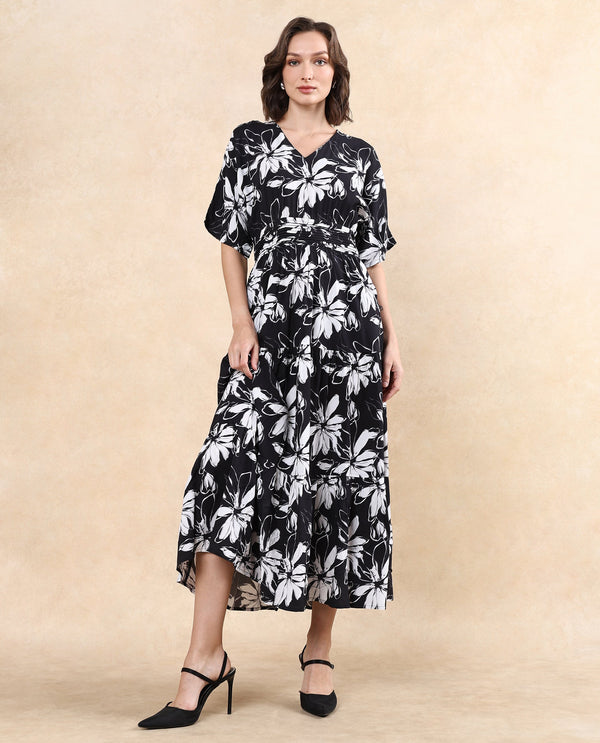 Rareism Women Tuzio Black Extended Sleeves V-Neck Zipper Closure Fit And Flare Floral Print Maxi Dress