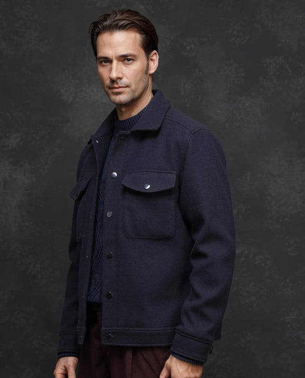 Rare Rabbit Men Tweedo-2 Dark Navy Polyester Fabric Full Sleeve Collared Neck Zipper Closure Relaxed Fit Plain Jacket