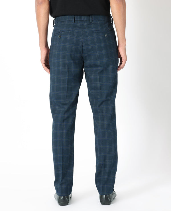 Rare Rabbit Men's Twig Navy Solid Mid-Rise Regular Fit Checks Trouser