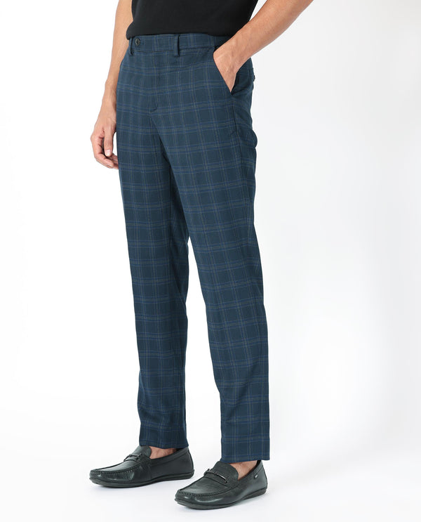 Rare Rabbit Men's Twig Navy Solid Mid-Rise Regular Fit Checks Trouser