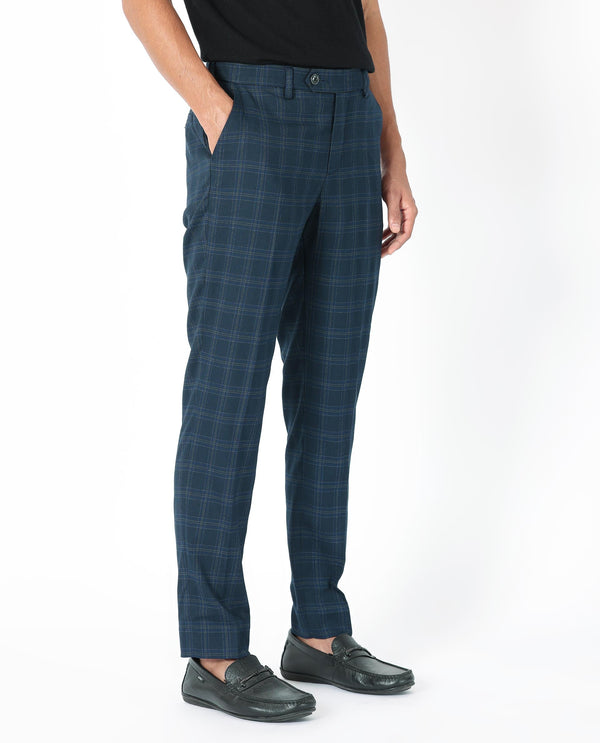 Rare Rabbit Men's Twig Navy Solid Mid-Rise Regular Fit Checks Trouser