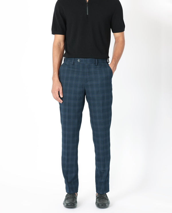 Rare Rabbit Men's Twig Navy Solid Mid-Rise Regular Fit Checks Trouser