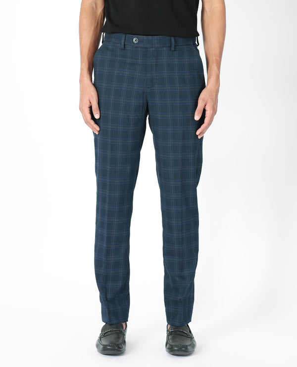 Rare Rabbit Men's Twig Navy Solid Mid-Rise Regular Fit Checks Trouser