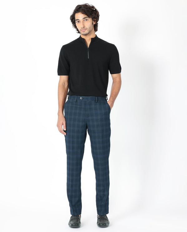 Rare Rabbit Men's Twig Navy Solid Mid-Rise Regular Fit Checks Trouser