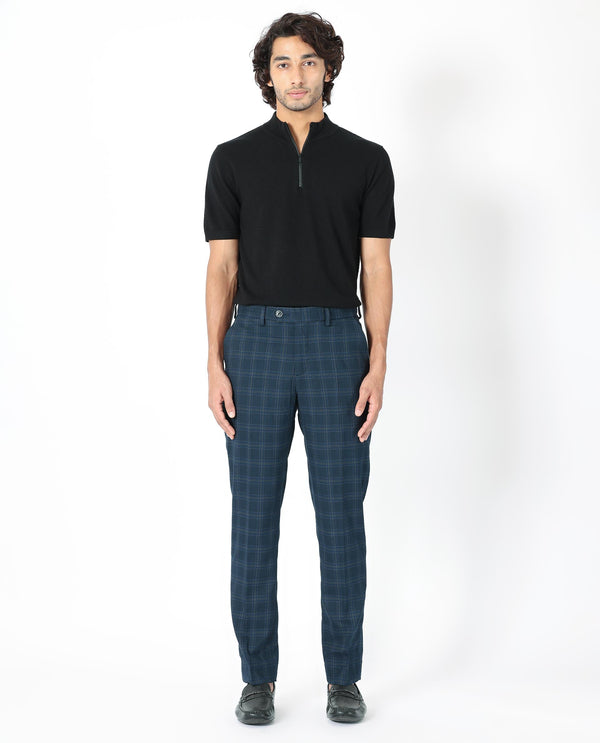 Rare Rabbit Men's Twig Navy Solid Mid-Rise Regular Fit Checks Trouser