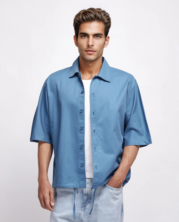 Rare Rabbit Men's Twillt Blue Cotton Fabric Half Sleeve Collared Neck Button Closure Plain Shirt