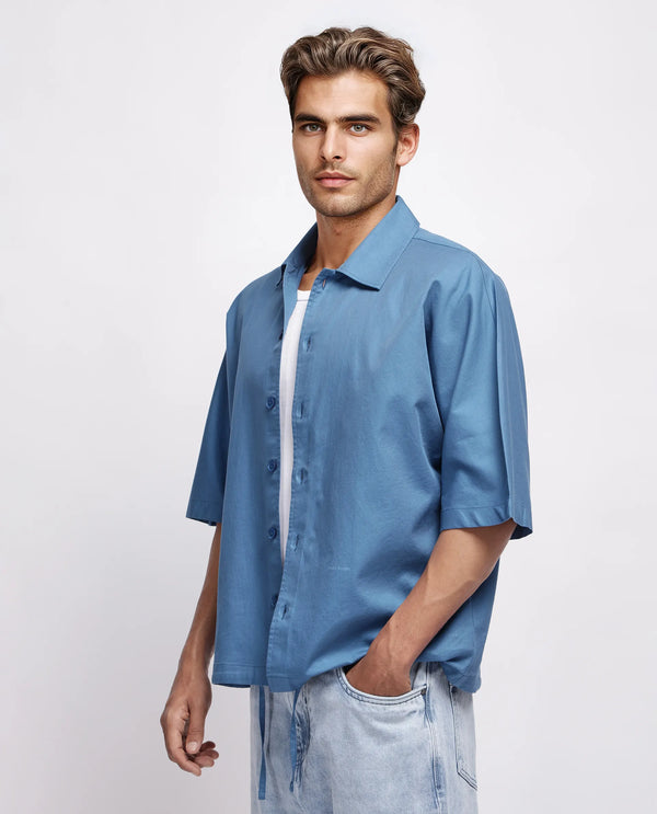 Rare Rabbit Men's Twillt Blue Cotton Fabric Half Sleeve Collared Neck Button Closure Plain Shirt