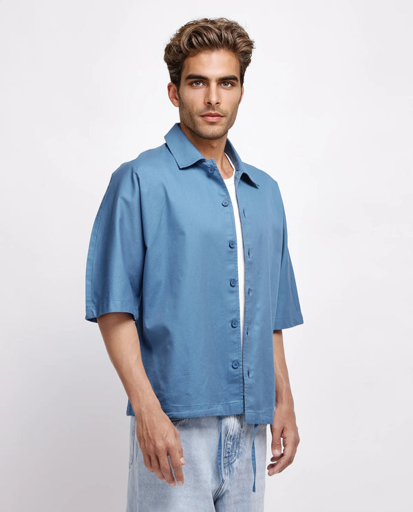 Rare Rabbit Men's Twillt Blue Cotton Fabric Half Sleeve Collared Neck Button Closure Plain Shirt