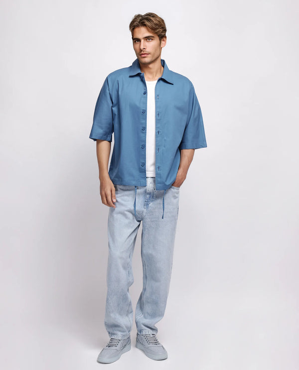Rare Rabbit Men's Twillt Blue Cotton Fabric Half Sleeve Collared Neck Button Closure Plain Shirt