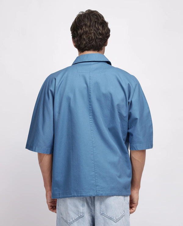 Rare Rabbit Men's Twillt Blue Cotton Fabric Half Sleeve Collared Neck Button Closure Plain Shirt