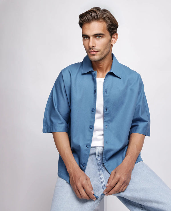 Rare Rabbit Men's Twillt Blue Cotton Fabric Half Sleeve Collared Neck Button Closure Plain Shirt