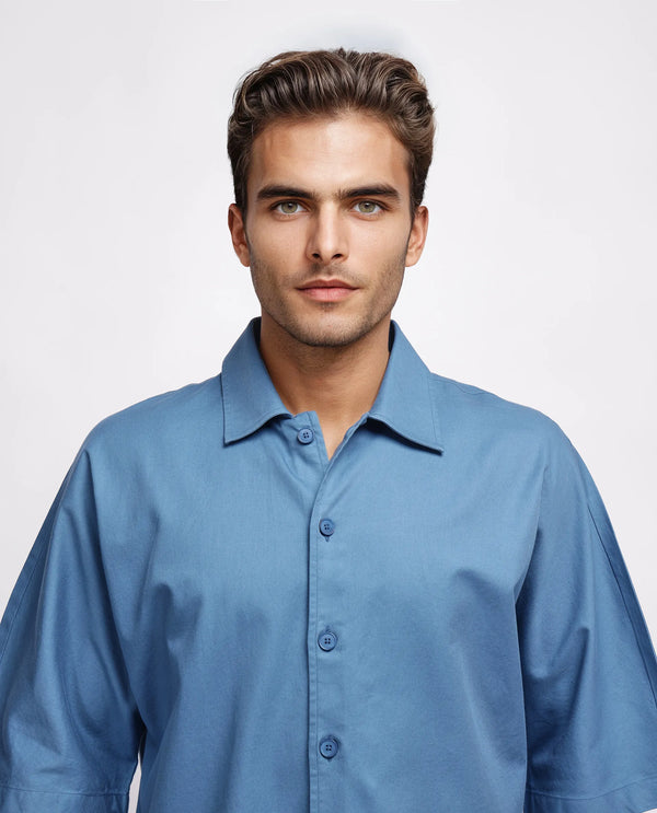 Rare Rabbit Men's Twillt Blue Cotton Fabric Half Sleeve Collared Neck Button Closure Plain Shirt