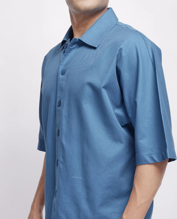 Rare Rabbit Men's Twillt Blue Cotton Fabric Half Sleeve Collared Neck Button Closure Plain Shirt