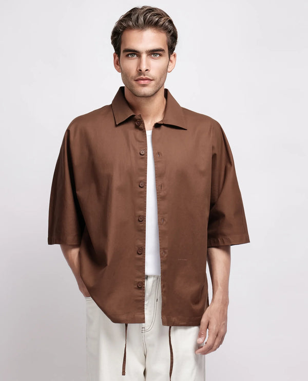 Rare Rabbit Men's Twillt Brown Cotton Fabric Full Sleeve Collared Neck Button Closure Plain Shirt