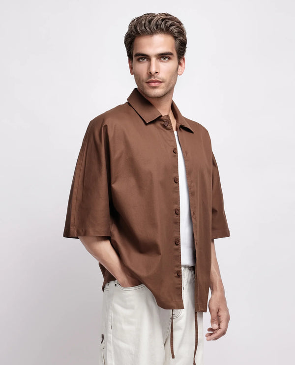 Rare Rabbit Men's Twillt Brown Cotton Fabric Full Sleeve Collared Neck Button Closure Plain Shirt
