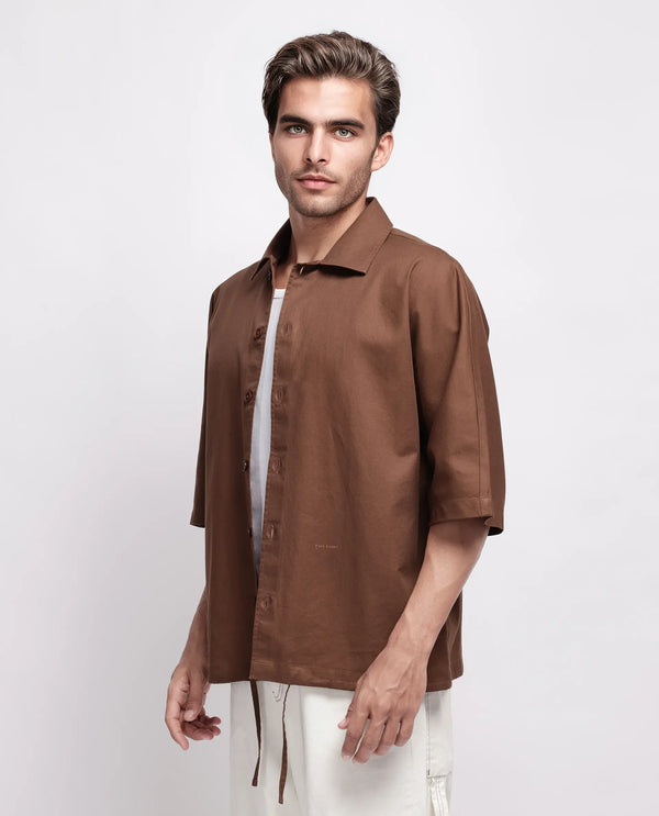 Rare Rabbit Men's Twillt Brown Cotton Fabric Full Sleeve Collared Neck Button Closure Plain Shirt