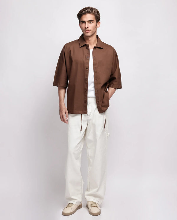 Rare Rabbit Men's Twillt Brown Cotton Fabric Full Sleeve Collared Neck Button Closure Plain Shirt