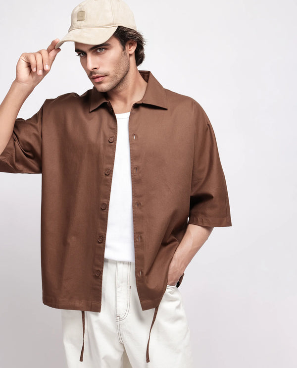 Rare Rabbit Men's Twillt Brown Cotton Fabric Full Sleeve Collared Neck Button Closure Plain Shirt