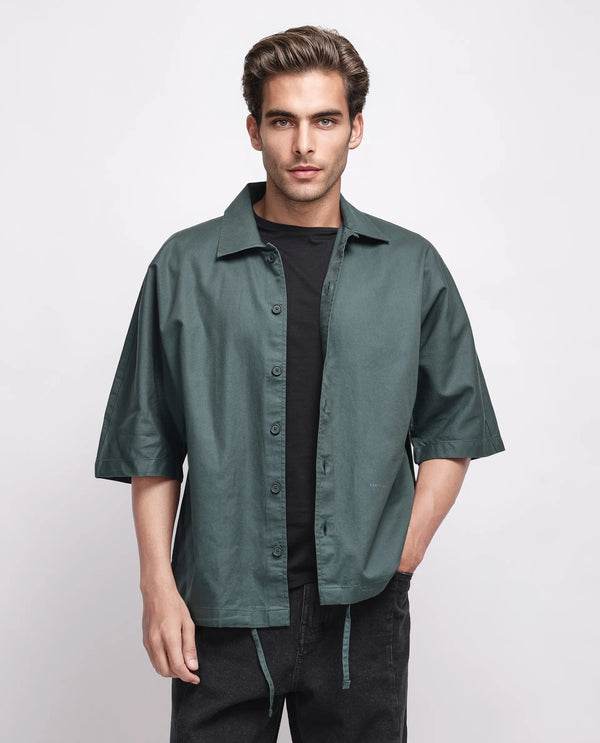 Rare Rabbit Men's Twillt Dark Green Cotton Fabric Full Sleeve Collared Neck Button Closure Plain Shirt