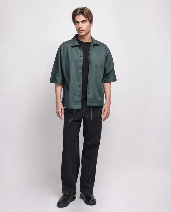 Rare Rabbit Men's Twillt Dark Green Cotton Fabric Full Sleeve Collared Neck Button Closure Plain Shirt
