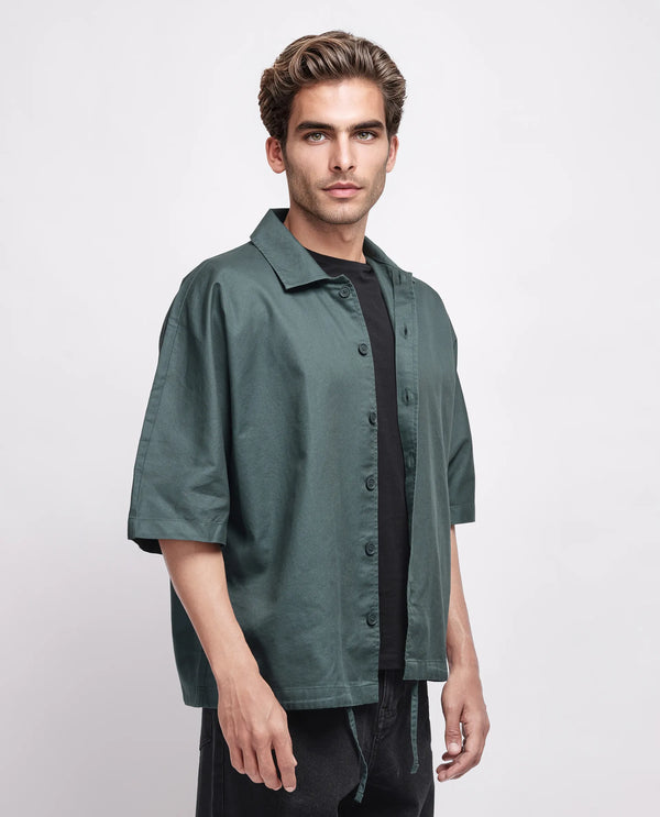 Rare Rabbit Men's Twillt Dark Green Cotton Fabric Full Sleeve Collared Neck Button Closure Plain Shirt