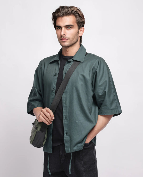 Rare Rabbit Men's Twillt Dark Green Cotton Fabric Full Sleeve Collared Neck Button Closure Plain Shirt