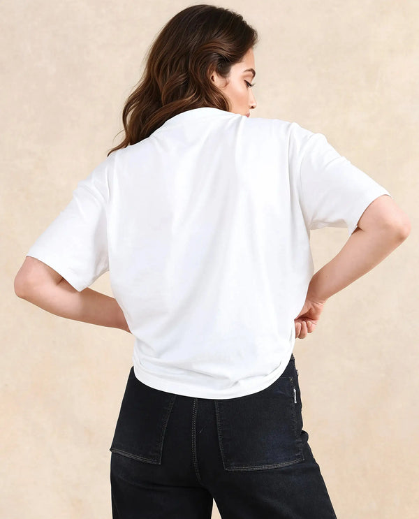 Rareism Women Twixt Off White Cotton Blend Fabric Short Sleeve Crew Neck Relaxed Fit Graphic Print T-Shirt