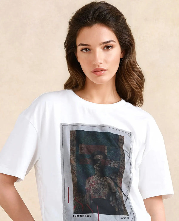 Rareism Women Twixt Off White Cotton Blend Fabric Short Sleeve Crew Neck Relaxed Fit Graphic Print T-Shirt