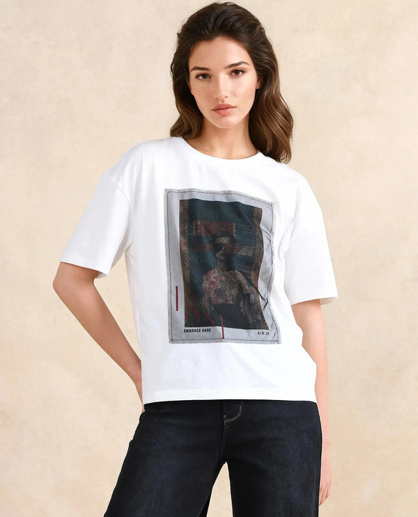 Rareism Women Twixt Off White Cotton Blend Fabric Short Sleeve Crew Neck Relaxed Fit Graphic Print T-Shirt