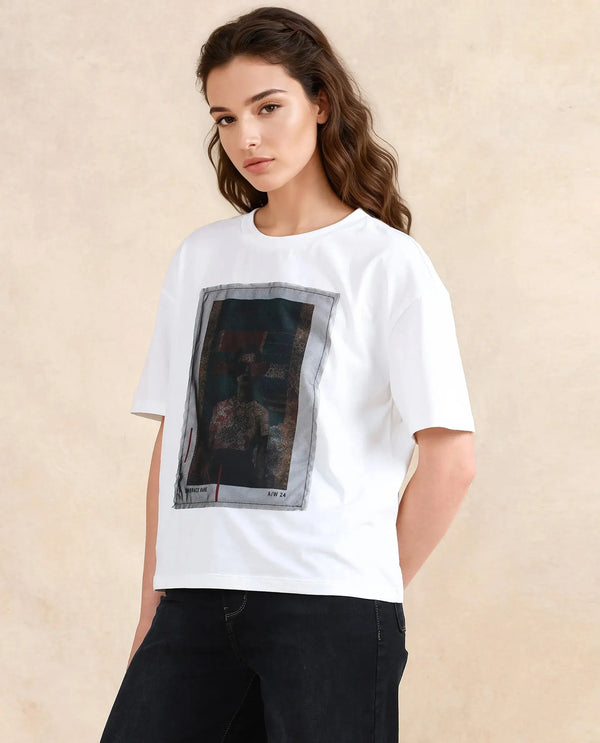 Rareism Women Twixt Off White Cotton Blend Fabric Short Sleeve Crew Neck Relaxed Fit Graphic Print T-Shirt