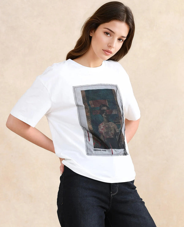 Rareism Women Twixt Off White Cotton Blend Fabric Short Sleeve Crew Neck Relaxed Fit Graphic Print T-Shirt