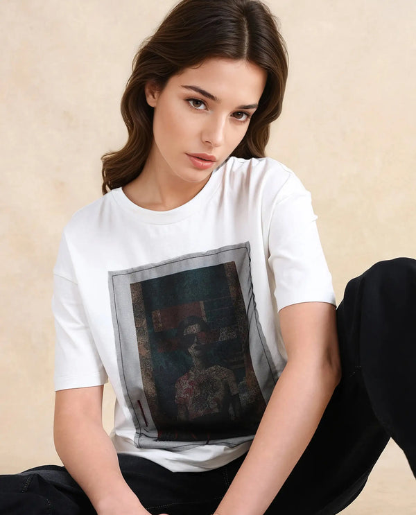 Rareism Women Twixt Off White Cotton Blend Fabric Short Sleeve Crew Neck Relaxed Fit Graphic Print T-Shirt