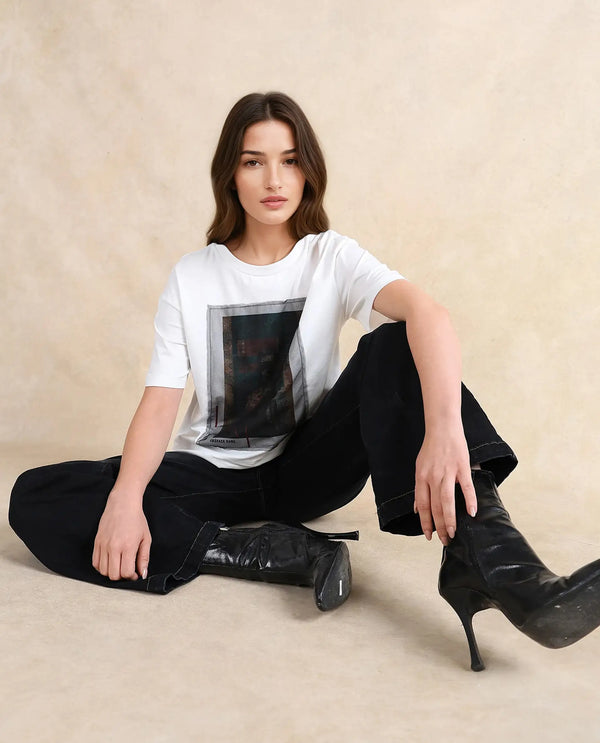 Rareism Women Twixt Off White Cotton Blend Fabric Short Sleeve Crew Neck Relaxed Fit Graphic Print T-Shirt